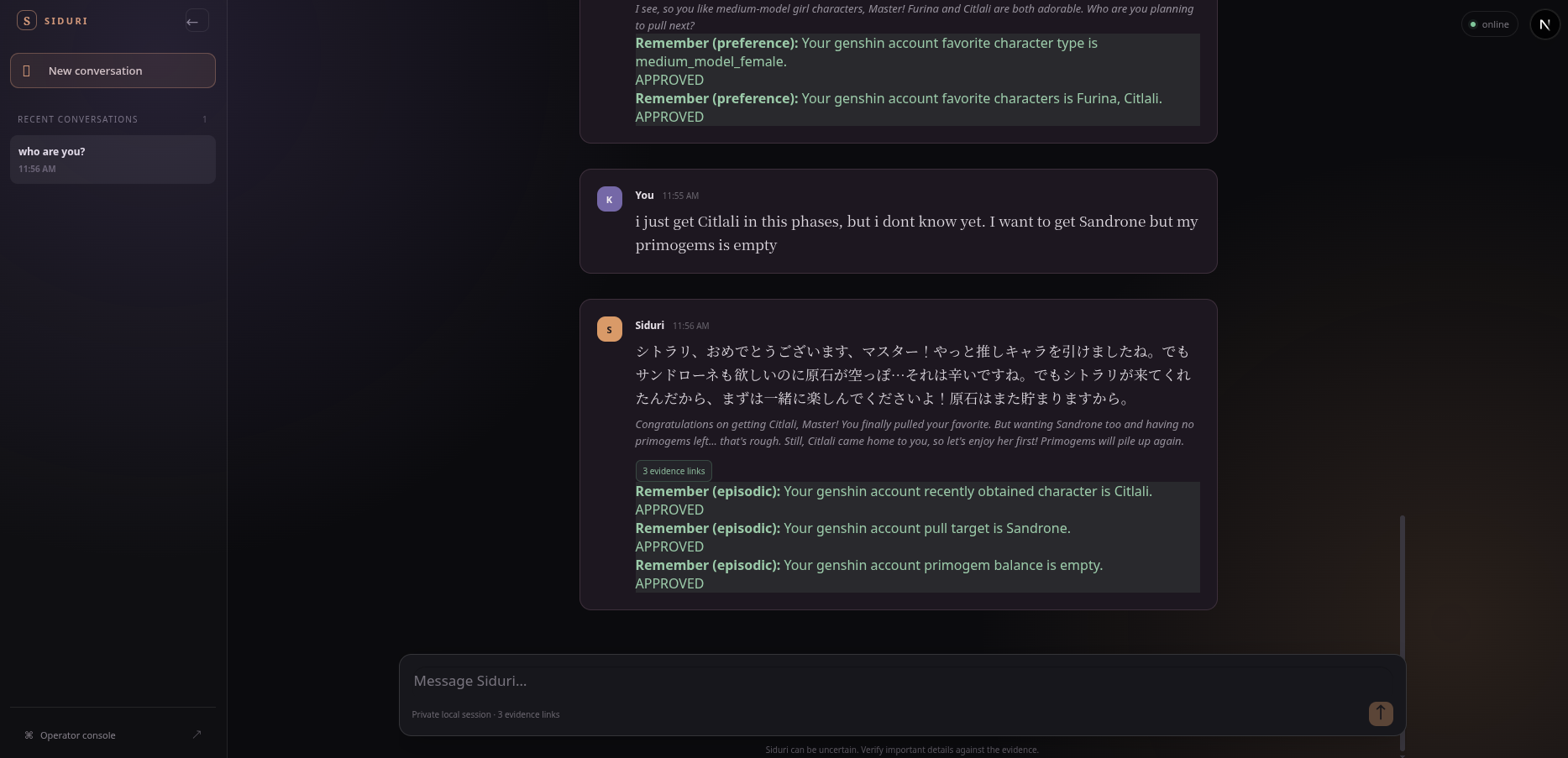 Siduri Chat showing structured memory proposals committed in real time